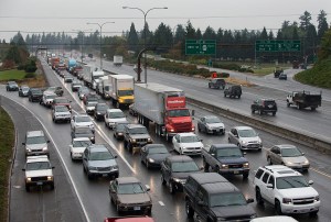 Traffic traveling southbound on Interstate 5 comes to a crawl as it makes its way through Vancouver under rainy conditions on Wednesday morning, Oct. 7, 2015. (Amanda Cowan/The Columbian)